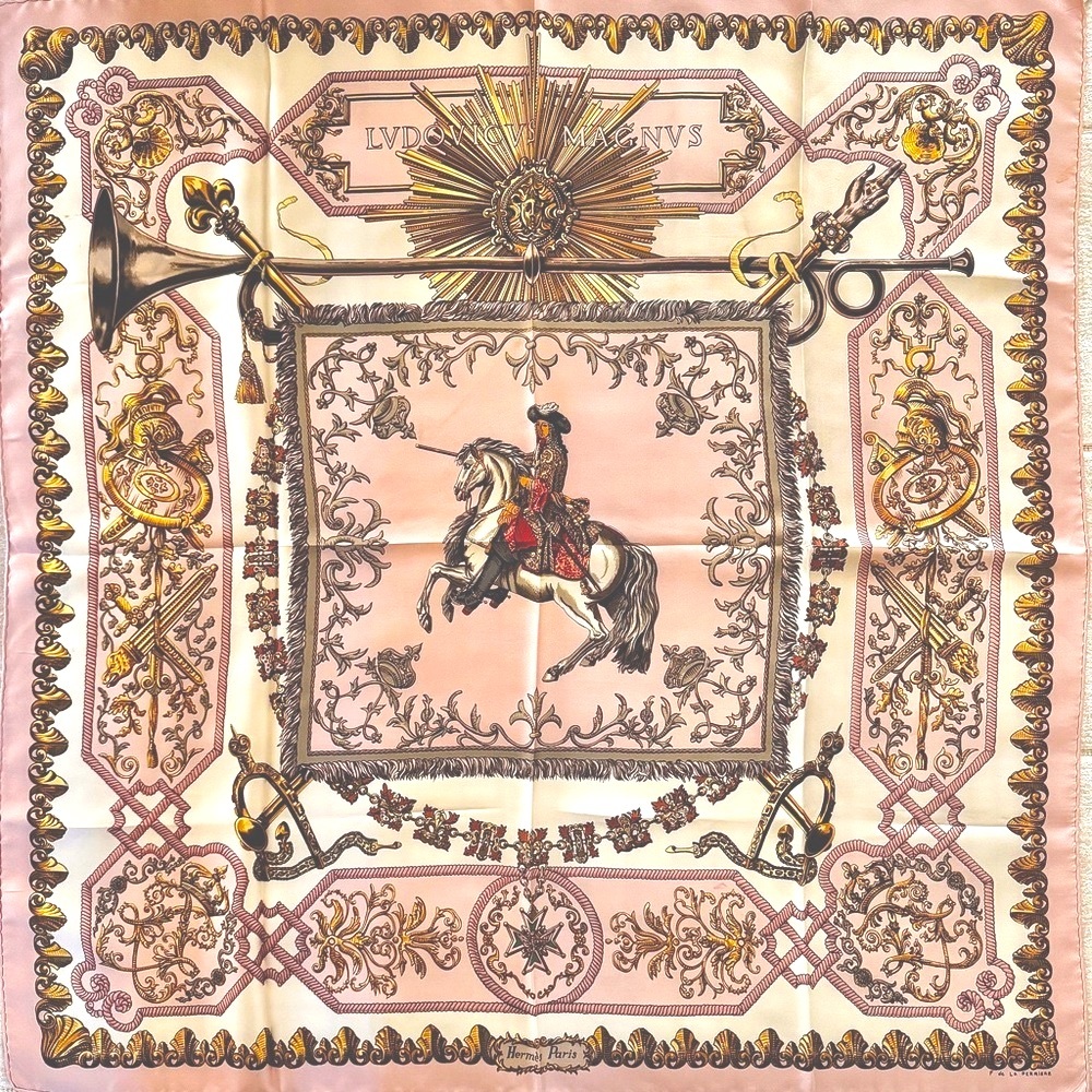 Hermes Pink, Gold & Brown Silk Scarf with Equestrian Motif